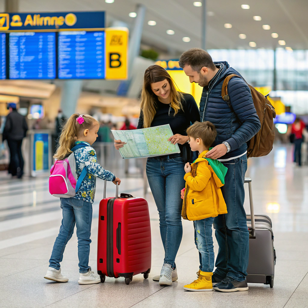Family walking through airport terminal