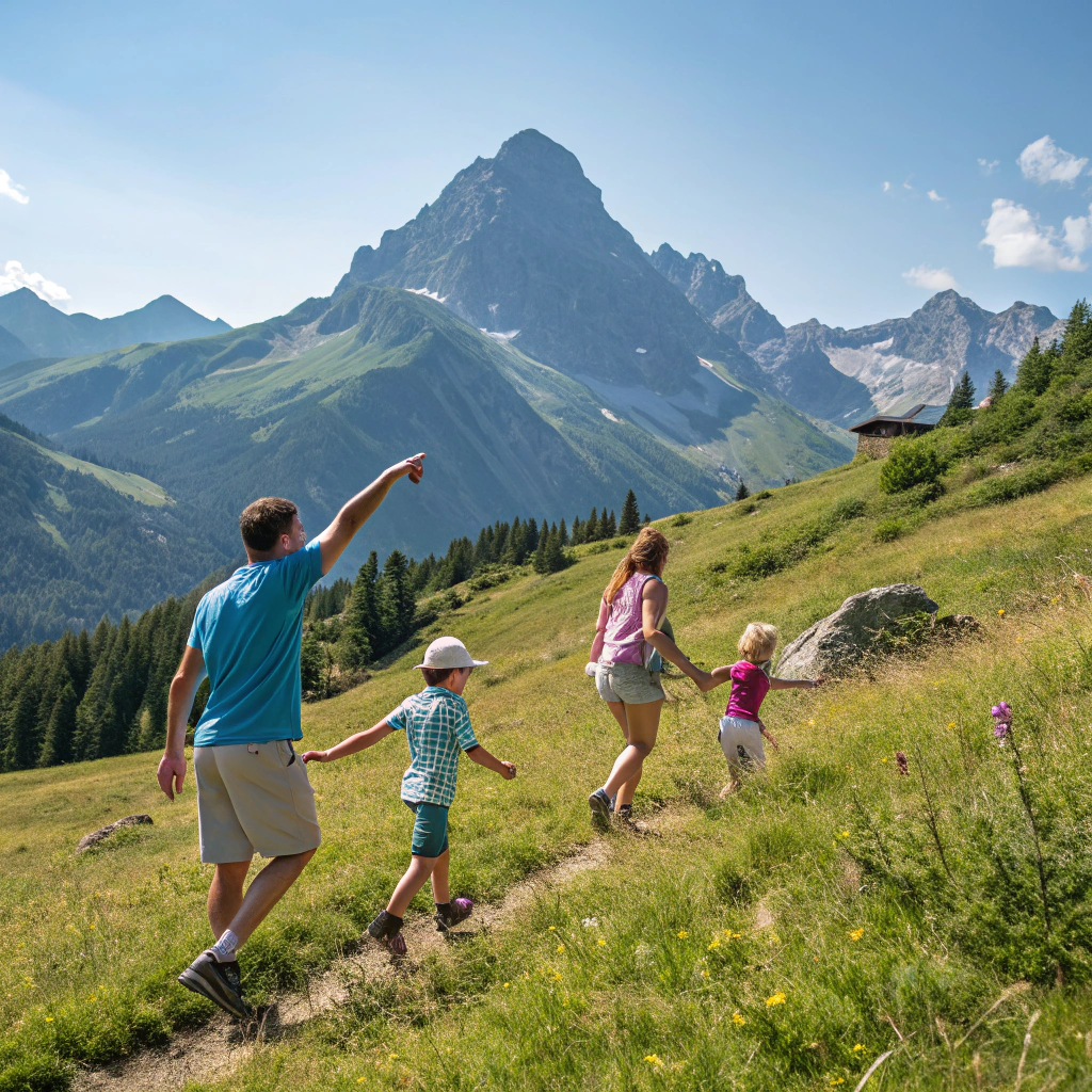 Family looking at mountain scenery