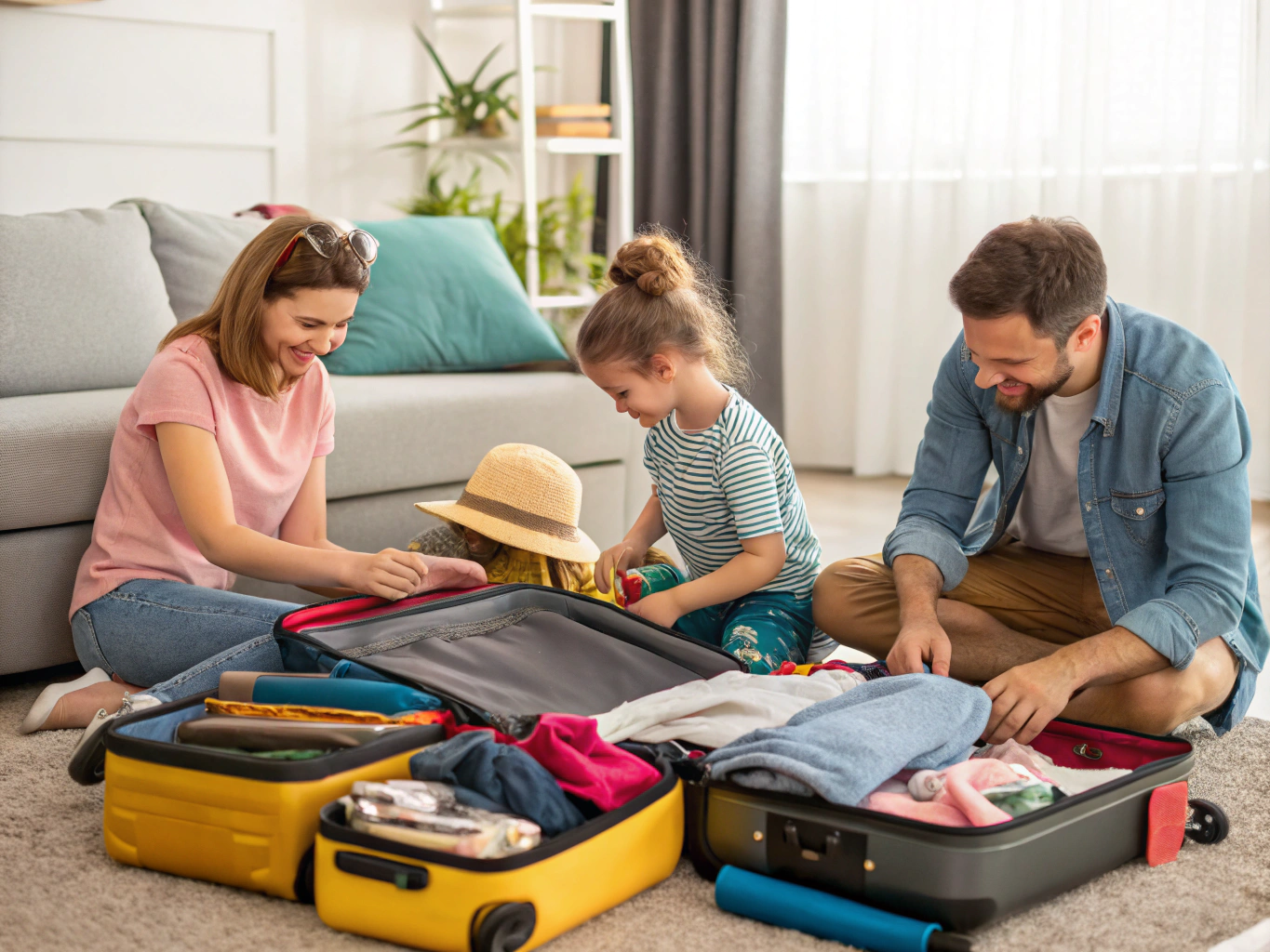 Family packing suitcases for trip