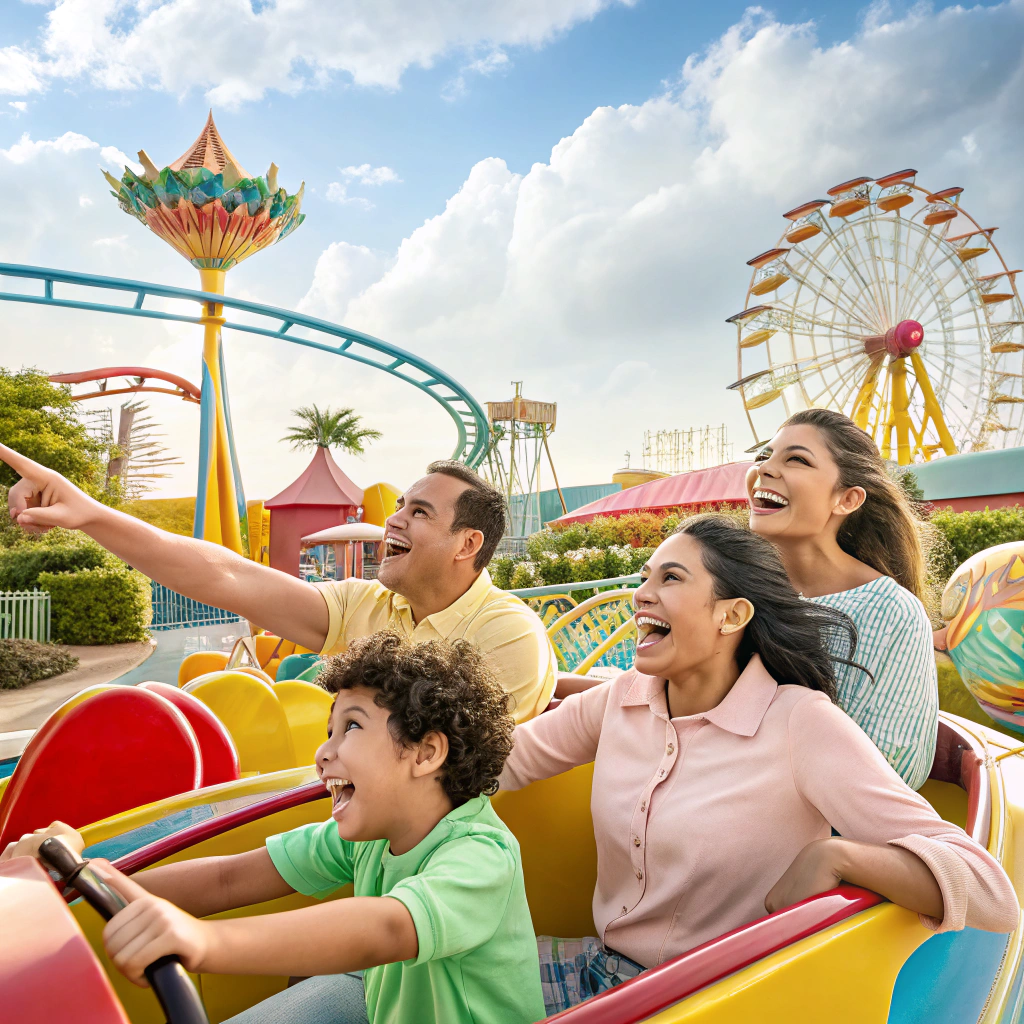 Family laughing at a theme park