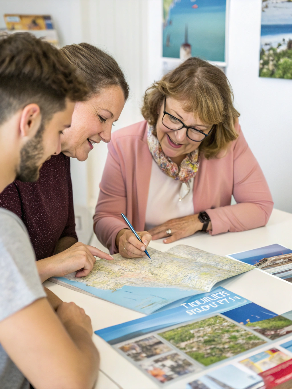 Friendly travel planner reviewing family vacation itinerary