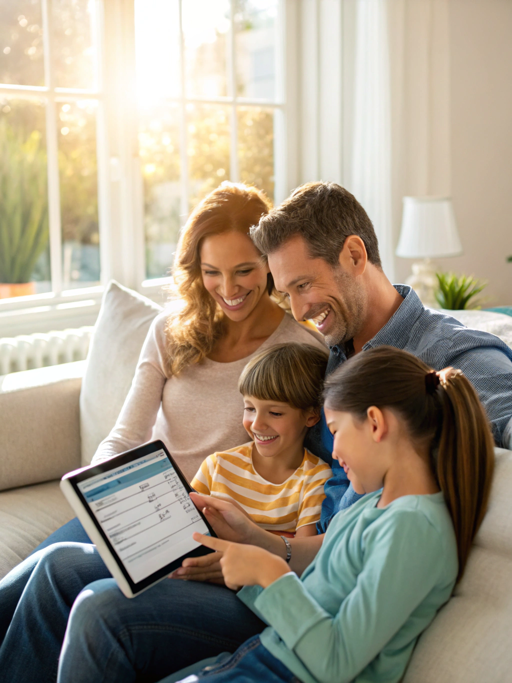 Family laughing together while looking at a travel budget on a laptop