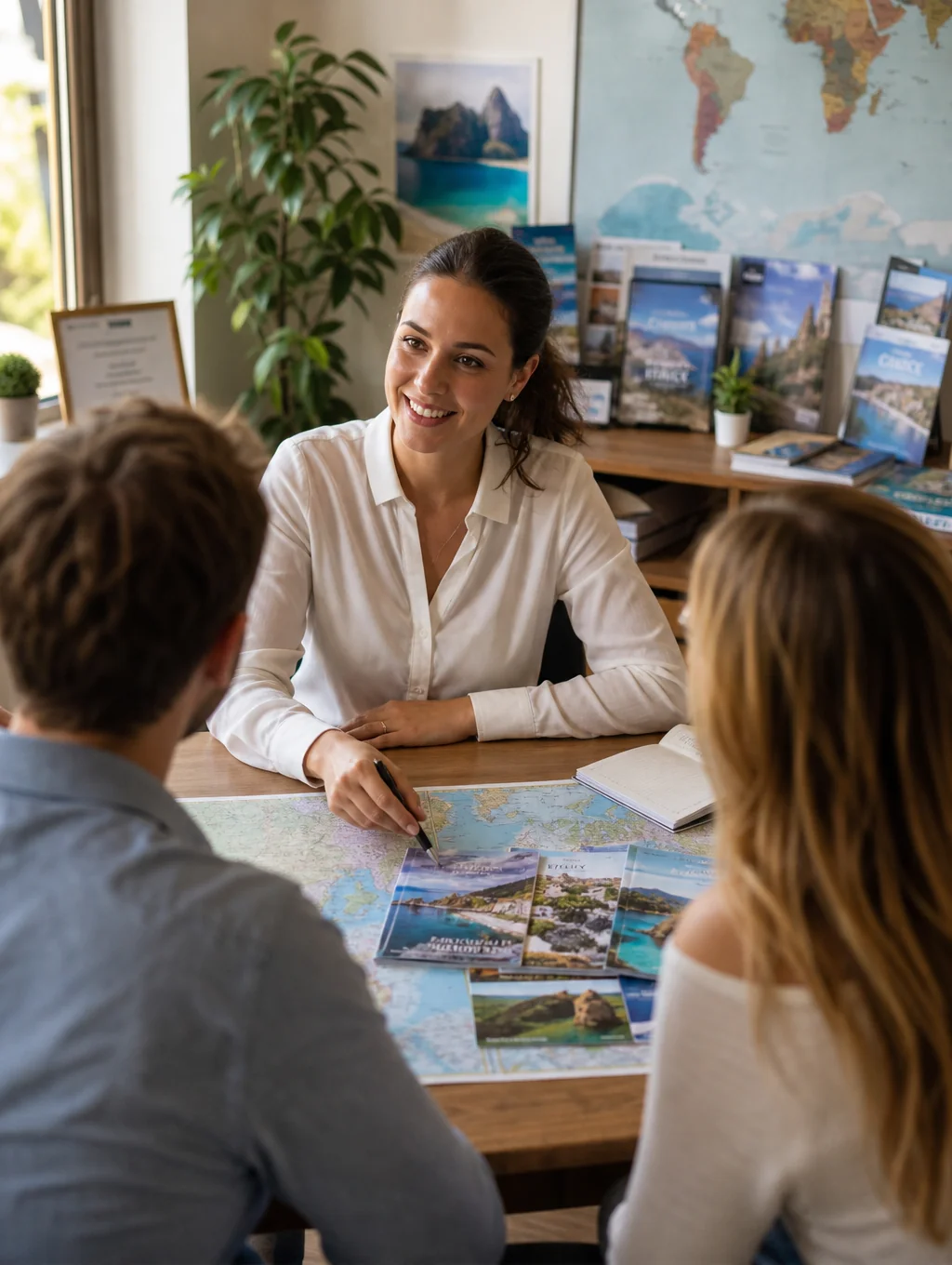 Travel agent assisting a family with trip details on a tablet