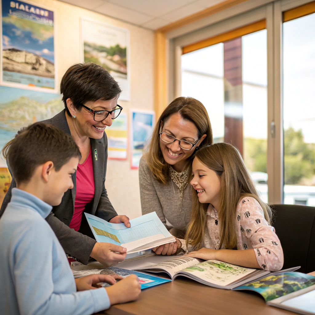Travel planner smiling while assisting a family with trip details